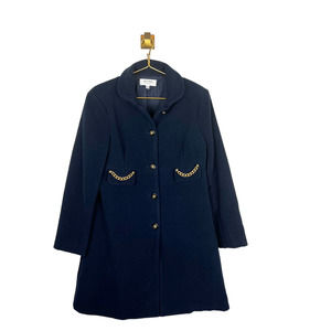 Skirtin Around Navy Blue Wool Dress Coat Gold Chain Trim Button Front Sz 10